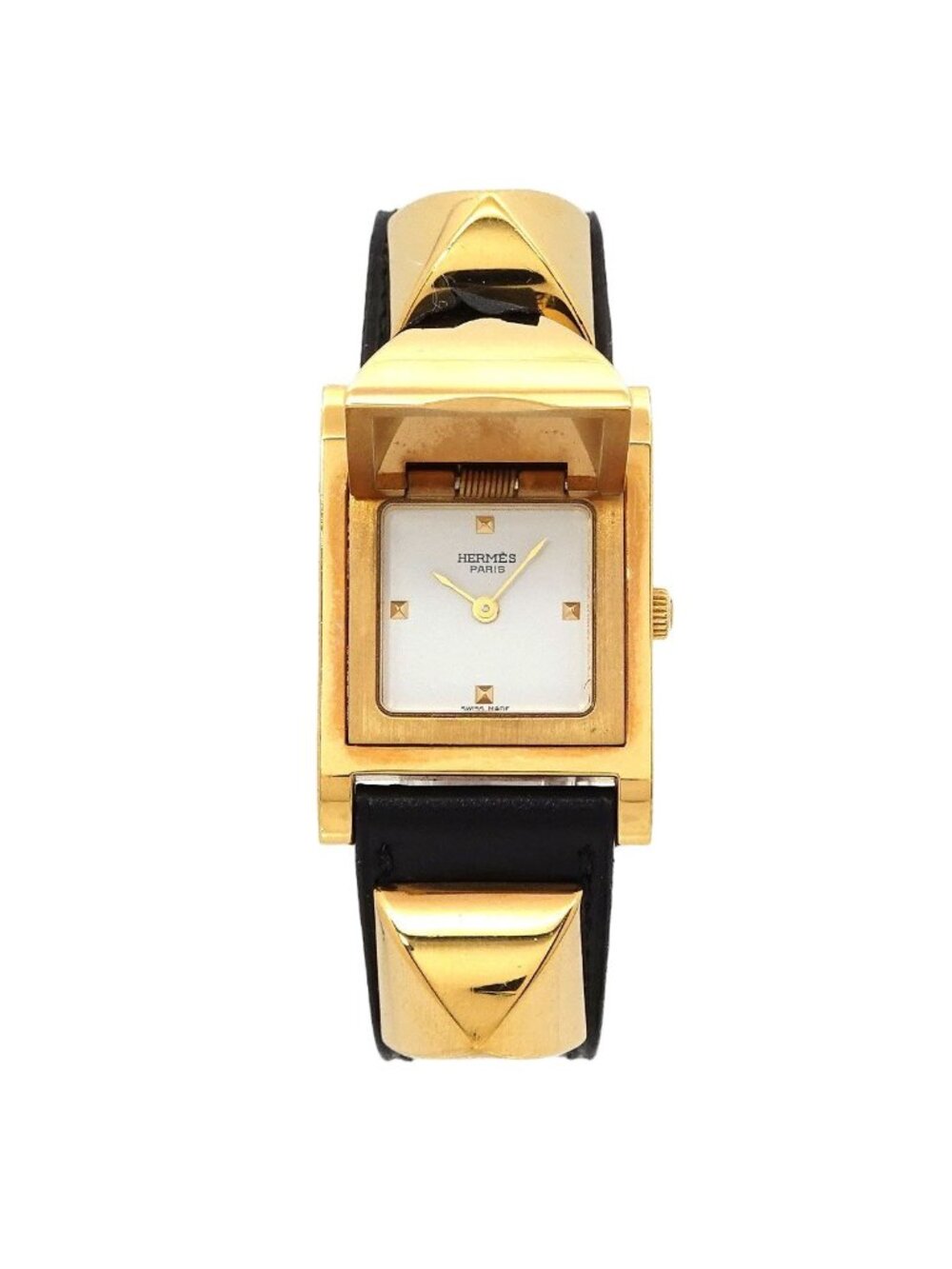 Hermes Medor Vintage Watch Pyramid Gold Studs White Black Quartz